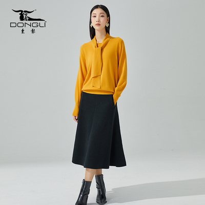 东黎小山羊绒长袖圆领飘带套头衫