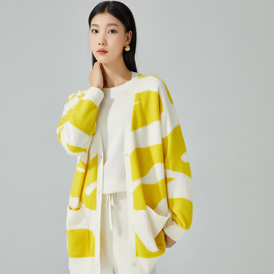 东黎山羊绒ADF嵌花撞色V领开衫