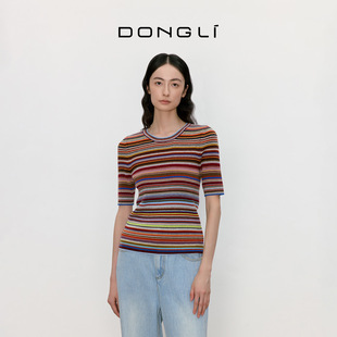 东黎山羊绒 里希特条纹 女士秋冬复古彩条短袖T恤针织衫毛衣5515