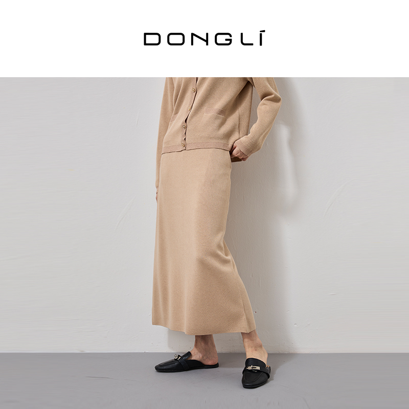 东黎春夏女士后开叉针织丝绒半裙