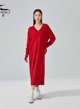 东黎小山羊绒 女士秋冬季针织V领中长款羊绒裙宽松气质打底21D12