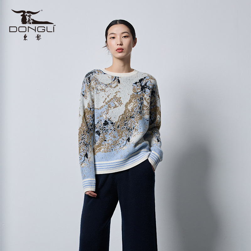 东黎秋冬针织毛衣圆领提花长袖