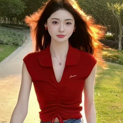 红色V领褶皱收腰短袖针织衫短款