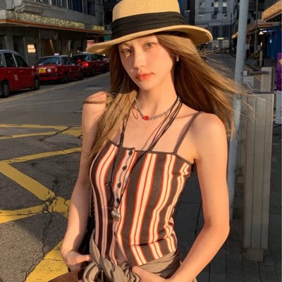 泰式独特条纹挂脖无袖吊带背心女