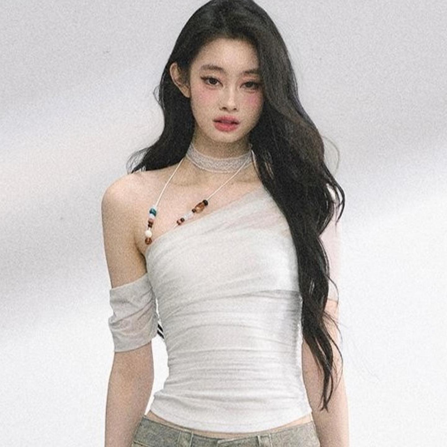 法式白色微透斜肩薄款短袖T恤女