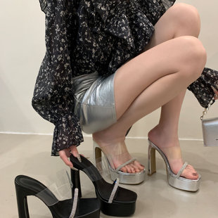 15cm恨天高水钻一字凉拖鞋女性感宴会配礼服粗跟防水台走秀高跟鞋