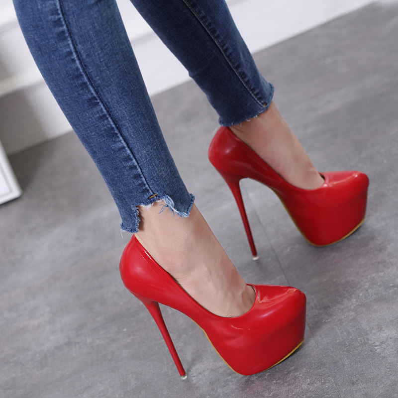 红色高跟鞋性感细跟恨天高夜店17cm超高跟防水台16cm浅口尖头单鞋