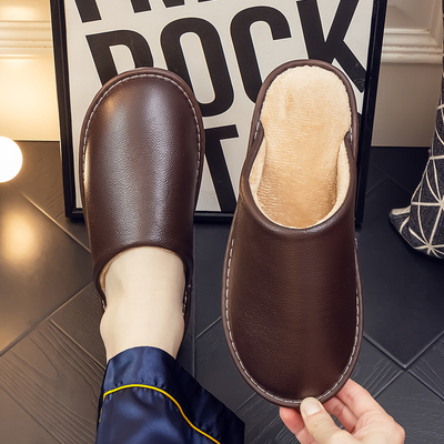 真皮牛筋底室内保暖棉拖鞋