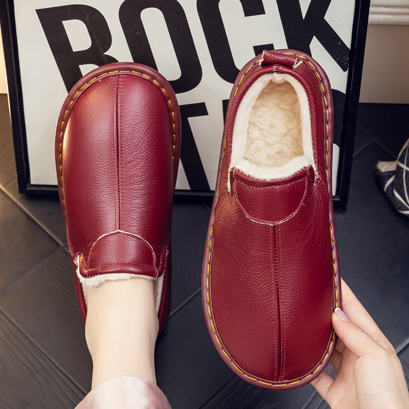 真皮棉拖鞋女包跟厚底防水秋冬季带后跟皮面保暖羊毛加绒棉鞋男士