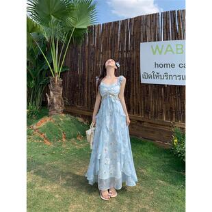 大码胖mm蝴蝶亮片吊带连衣裙女夏季荷叶边裙子外搭长袖开衫两件套