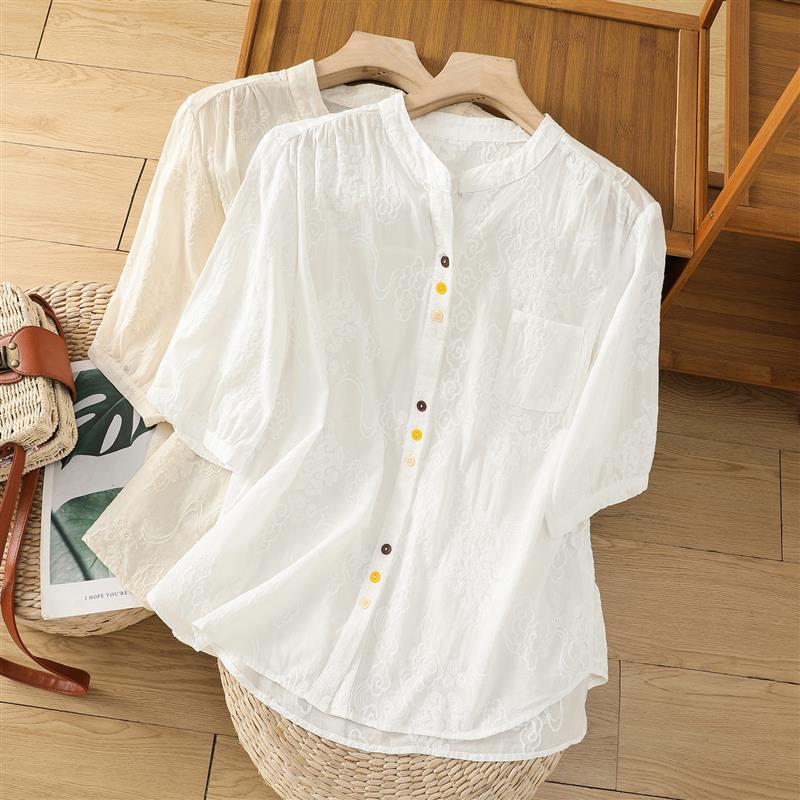 全棉提花刺绣白色衬衫女装夏季休闲V领设计感彩扣气质五分袖上衣