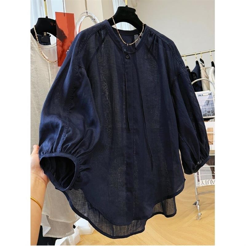 慵懒松弛感高端棉麻衬衫女夏季大尺码胖mm宽松显瘦休闲薄款防晒衬