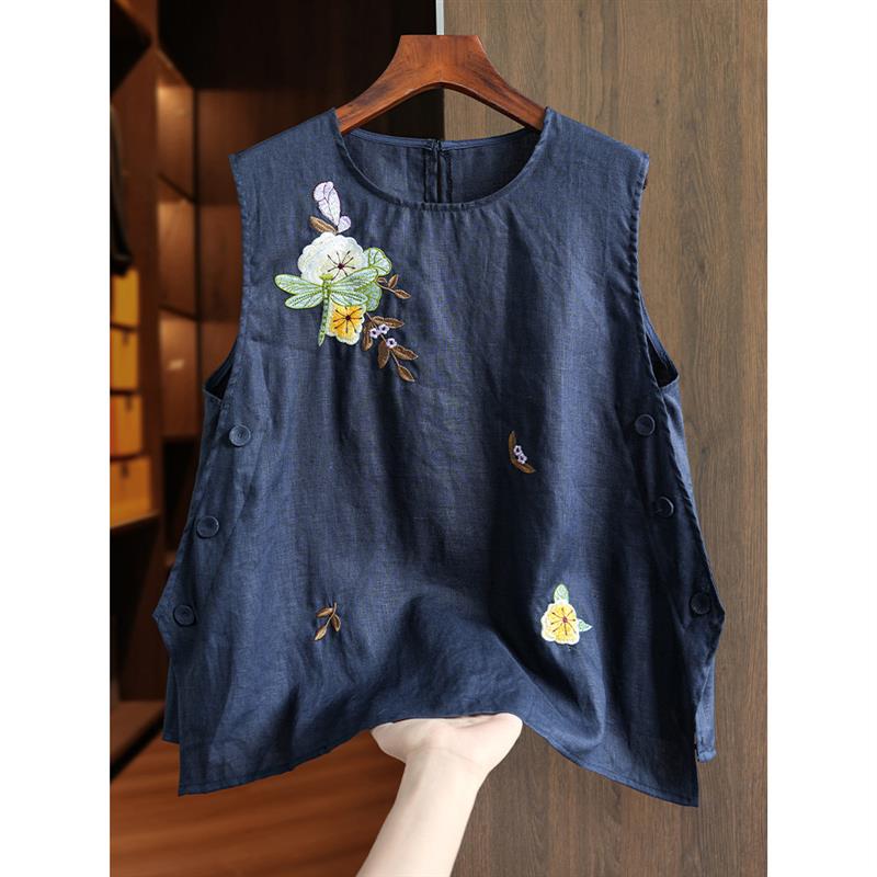 小菲家~亚麻新中式马甲背心女夏季新款重工刺绣设计感轻国风上衣