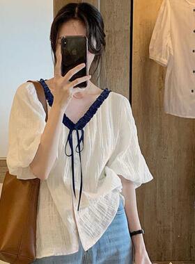 设计感百搭雪纺气质衬衫女春秋大码胖妹妹mmv领宽松显瘦别致上衣