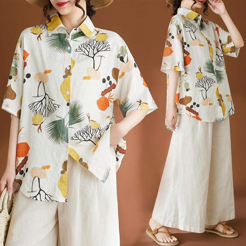 棉麻女装上衣2025新款夏季宽松大码休闲气质翻领印花减龄显瘦衬衫