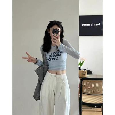 法式假两件蓝色冰丝短款长袖上衣女夏季辣妹外搭薄款针织防晒罩衫