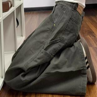 女秋冬覆古高腰显瘦垂感百搭拖地裤 牛仔裤 军绿色宽松阔腿工装 大码