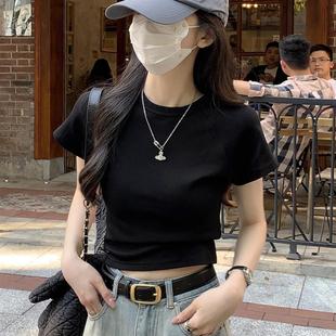 T恤女2025夏季 修身 纯棉短袖 新款 上衣ins 圆领打底衫 内搭露肚脐短款