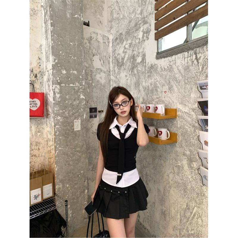 miu系假两件撞色polo领短袖衬衫女夏季学院风小众百褶半身裙套装