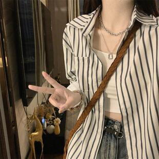 胖妹妹设计感小众长袖 正肩条纹防晒衬衫 大码 2023新款 上衣潮 女夏季