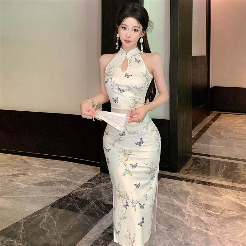 夏季轻熟性感复古印花中长款日常旗袍新中式气质开叉修身连衣裙潮