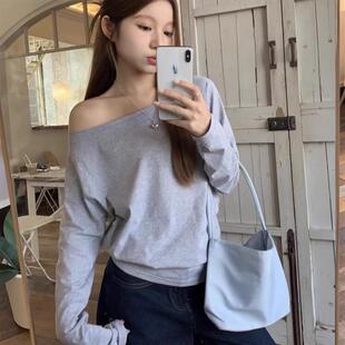 美式复古斜肩长袖t恤女早秋季上衣2025新款设计感小众宽松打底衫