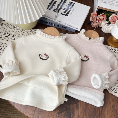 秋冬女宝蕾丝花边半高领一体绒打底衫宝宝加绒内搭儿童保暖上衣女