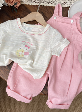 韩范童装春夏女宝粉色休闲背带裤女童哈伦裤儿童裤子洋气时髦小童