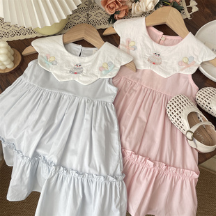 韩国童装夏天女宝气球蛋糕刺绣花瓣翻领无袖连衣裙女童裙子儿童女