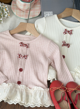 2026春季女宝红色格子蝴蝶结蕾丝边坑条长袖t恤女童儿童公主上衣