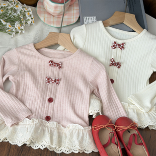 2026春季女宝红色格子蝴蝶结蕾丝边坑条长袖t恤女童儿童公主上衣