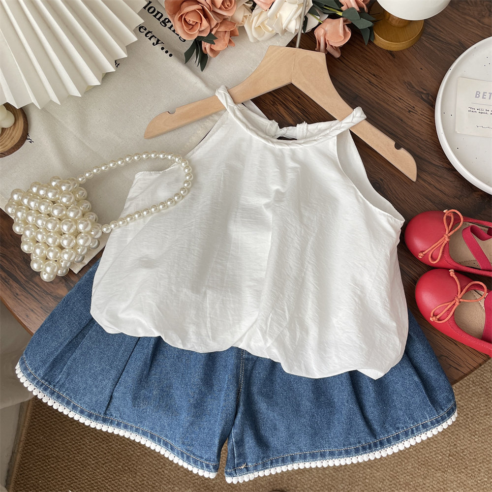 韩系夏装女宝挂脖白色花苞蝴蝶结系带上衣女童吊带衫洋气儿童上衣