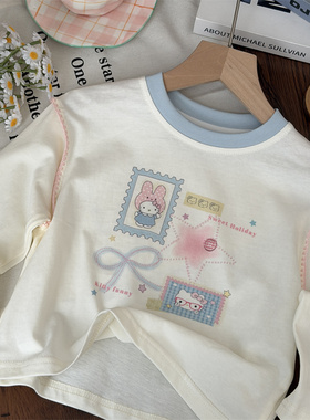 2026春女童蓝色领口卡通印花长袖t恤宝宝韩系打底衫纯棉儿童上衣