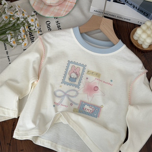 2026春女童蓝色领口卡通印花长袖t恤宝宝韩系打底衫纯棉儿童上衣