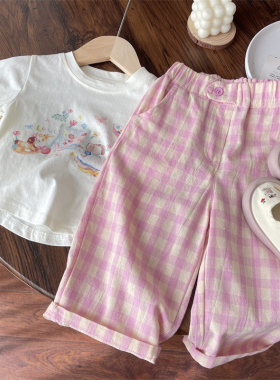 2026夏季新款童装韩系女童女宝粉色格子休闲裤哈伦裤洋气裤子薄款