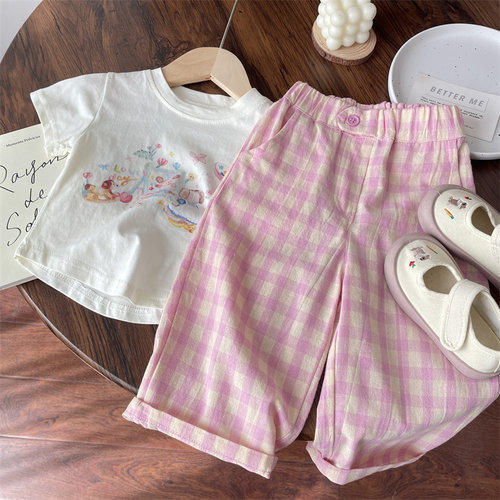 夏季时尚粉色格子休闲裤