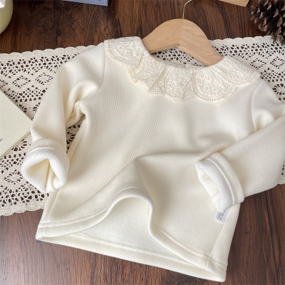 韩版女宝甜美秋冬蕾丝花瓣领一体绒打底衫女童加绒加厚长袖上衣潮