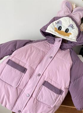 儿童冬装外套宝宝紫色拼色插肩袖连帽中长款羽绒服可爱女童保暖女