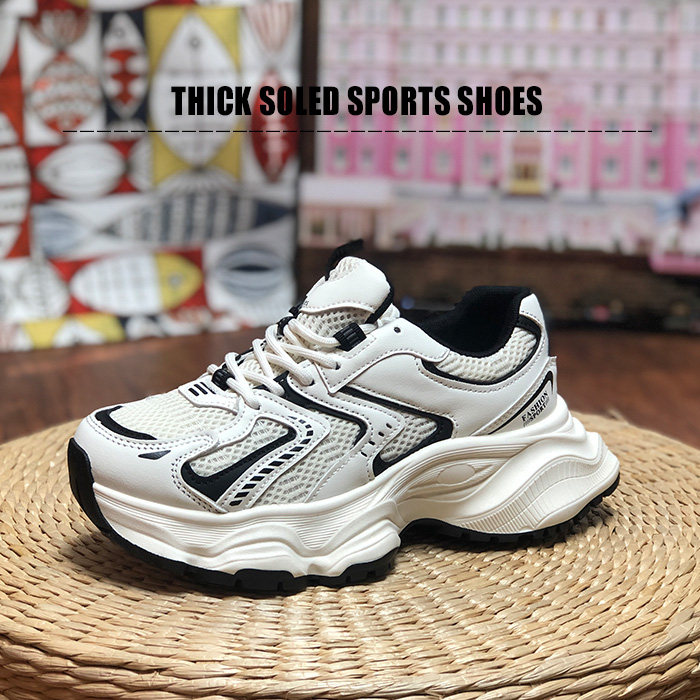 黑白熊猫厚底休闲灰色老爹鞋女春新款春季增高透气网布跑步运动鞋