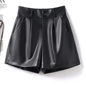 女士高腰显瘦裤 高档绵羊皮阔腿裤 子秋季 松紧皮裤 新款 海宁真皮短裤