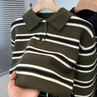 男装 套头加厚老钱风休闲针织polo衫 毛线衣 新款 条纹翻领毛衣男冬季
