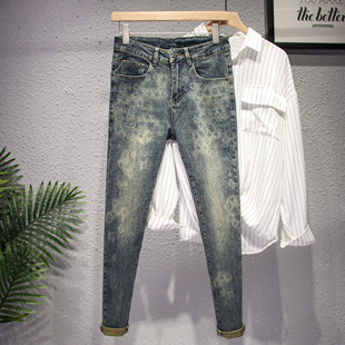 2025春秋季新款时尚印花牛仔裤男潮流欧货潮牌修身小脚裤男士长裤