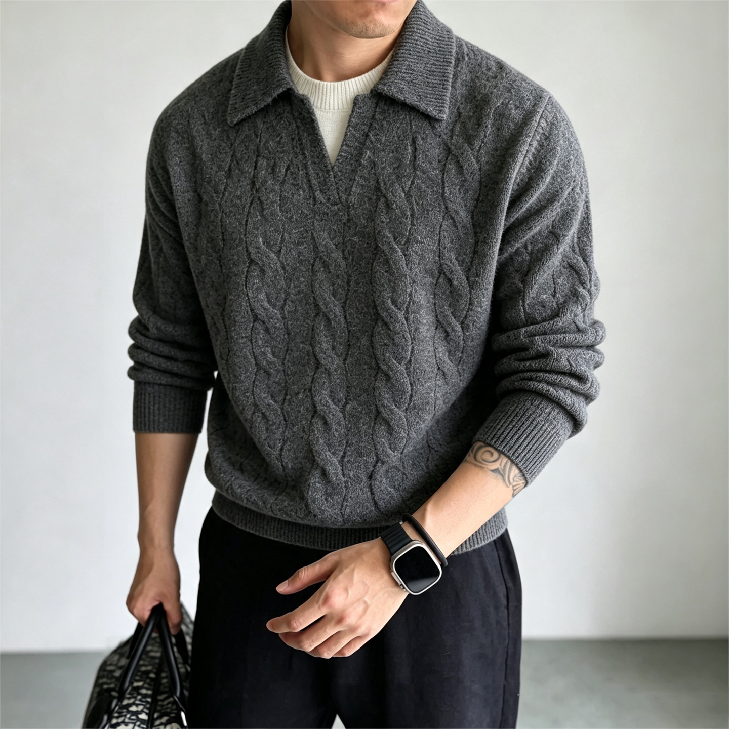 老钱风翻领假两件毛衣男士秋冬麻花针织衫轻奢通勤日系长袖上衣男