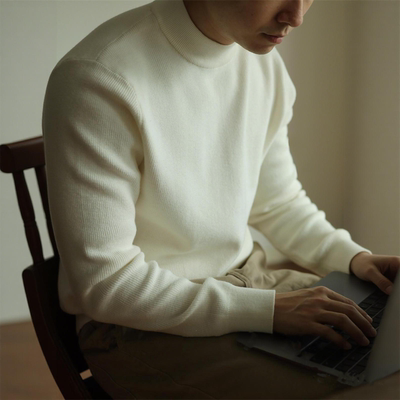 老钱风半高领加绒保暖内搭针织衫男白色套头毛衣修身长袖保暖冬季