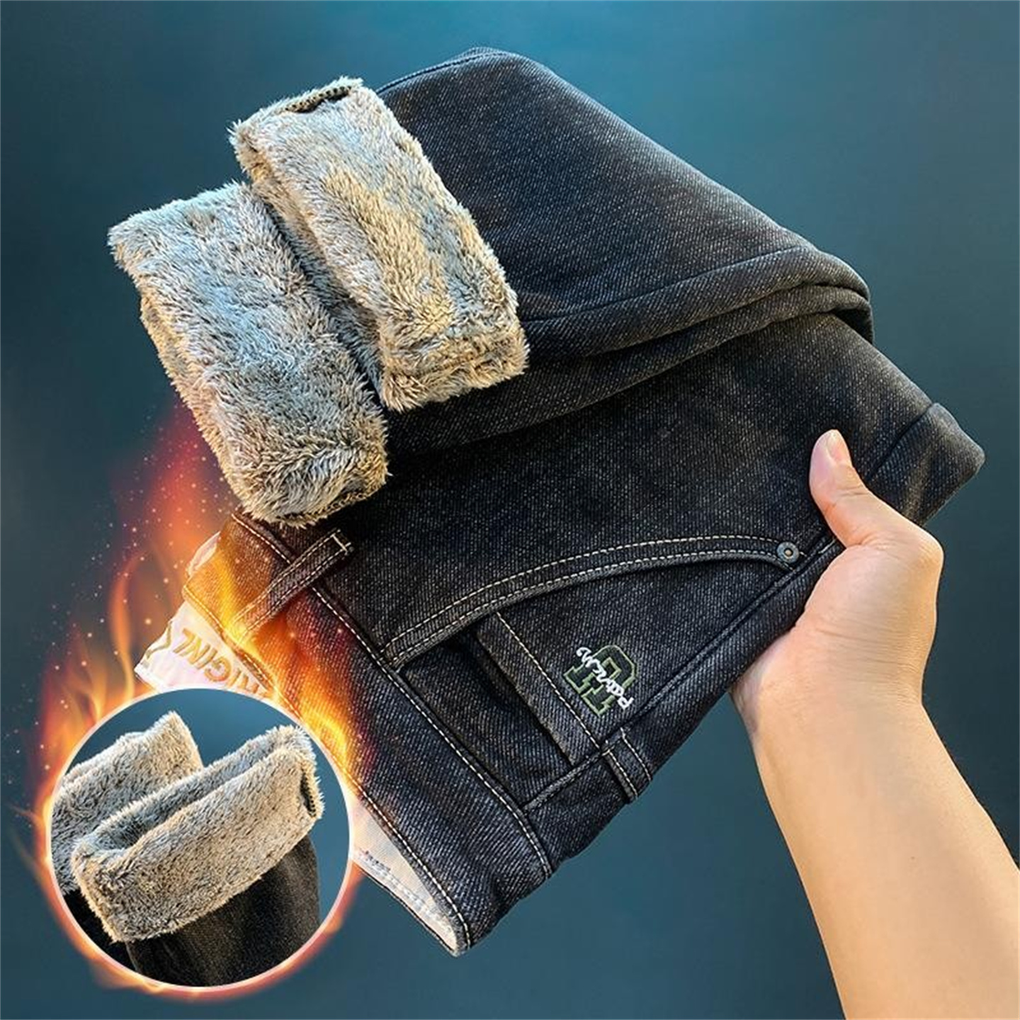 高端加绒男士牛仔裤冬季厚款修身保暖长裤加厚一体绒休闲男裤子潮