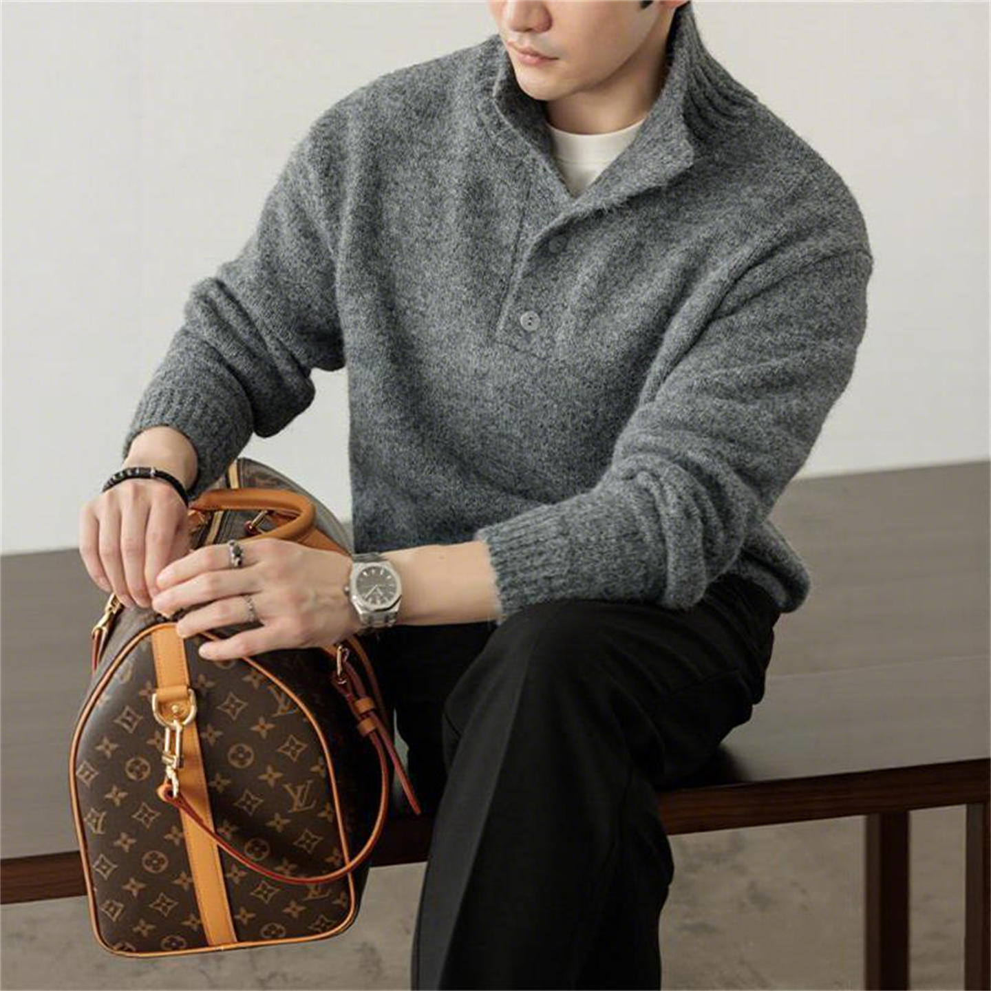 2025秋冬老钱风高领毛衣男灰色纽扣百花针织衫微宽松加厚保暖复古,男装,针织衫/毛衣,淘宝优惠券,粉丝福利购,淘宝优惠卷