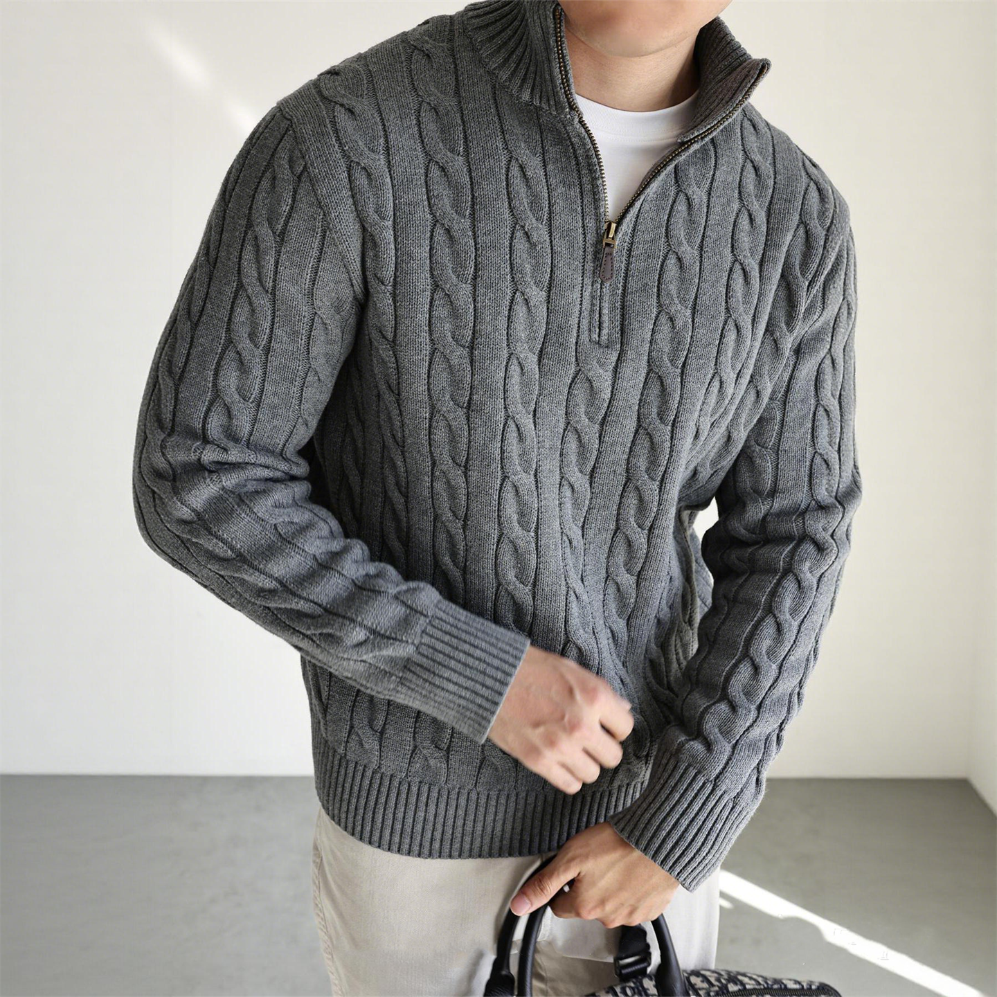 复古半拉链立领针织衫男麻花纹修身毛衣绞花纹老钱风复古针织衫男,男装,针织衫/毛衣,淘宝优惠券,粉丝福利购,淘宝优惠卷