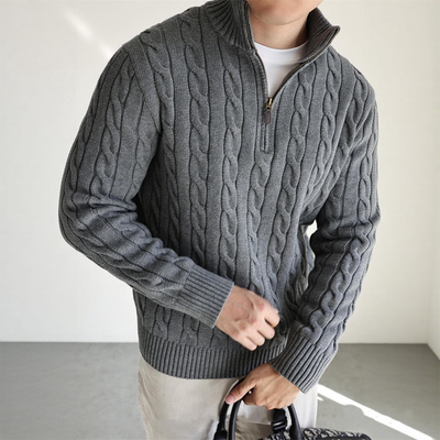 复古半拉链立领针织衫男麻花纹修身毛衣绞花纹老钱风复古针织衫男