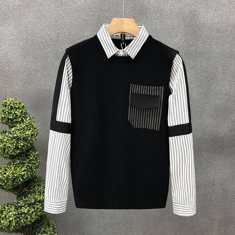 秋冬季假两件毛衣男衬衫领潮流修身2025年新款休闲针织衫带领线衣