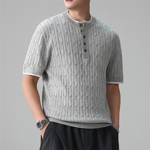 老钱风亨利领针织衫男夏季麻花纹理亲肤短袖毛衣通勤男士假两件潮